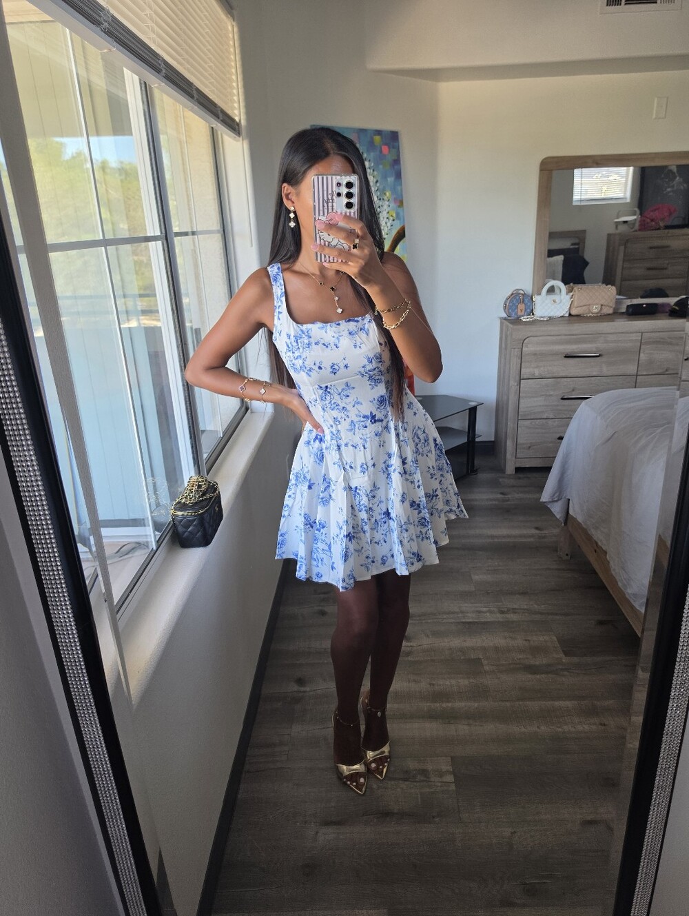 White Mini Dress with Blue Floral Print - Picture 4 of 13